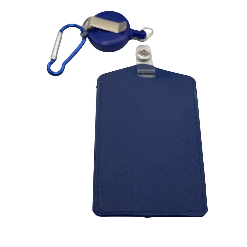 Blue Faux Leather ID Badge‎ Holder with Retractable Reel and Carabiner Clip